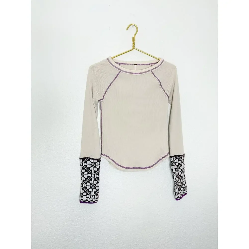 Free People She's Reversible Cuff Thermal Tee Oatmeal Size Small Bohemian